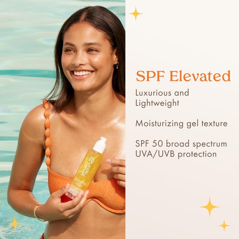 Kopari Sun Shield Body Glow, Broad Spectrum SPF 50, Lightweight Shimmering Gel Texture Absorbs Quickly, Non Sticky, Glowing Results, Gold 2 Pack - Image 3