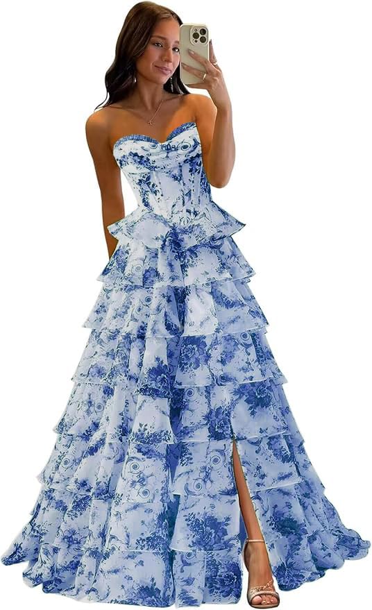 FoinLuve Ruffle Prom Dress Corset Tiered 2026 Strapless Long Chiffon Formal Evening Gown with Slit White Blue 06 - Image 1
