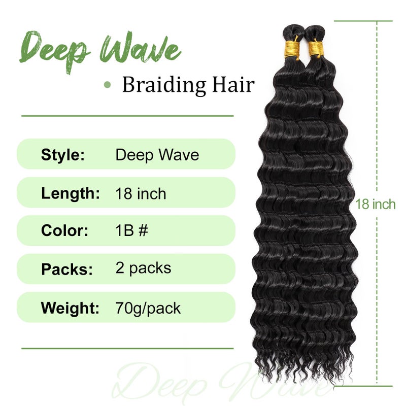 Eerya Long Curly Braiding Hair 18 Inch 2 Packs Ocean Wave Crochet Hair for Black Women Deep Wave Braiding Hair for Boho Braids (18 inch, 1B) - Image 2