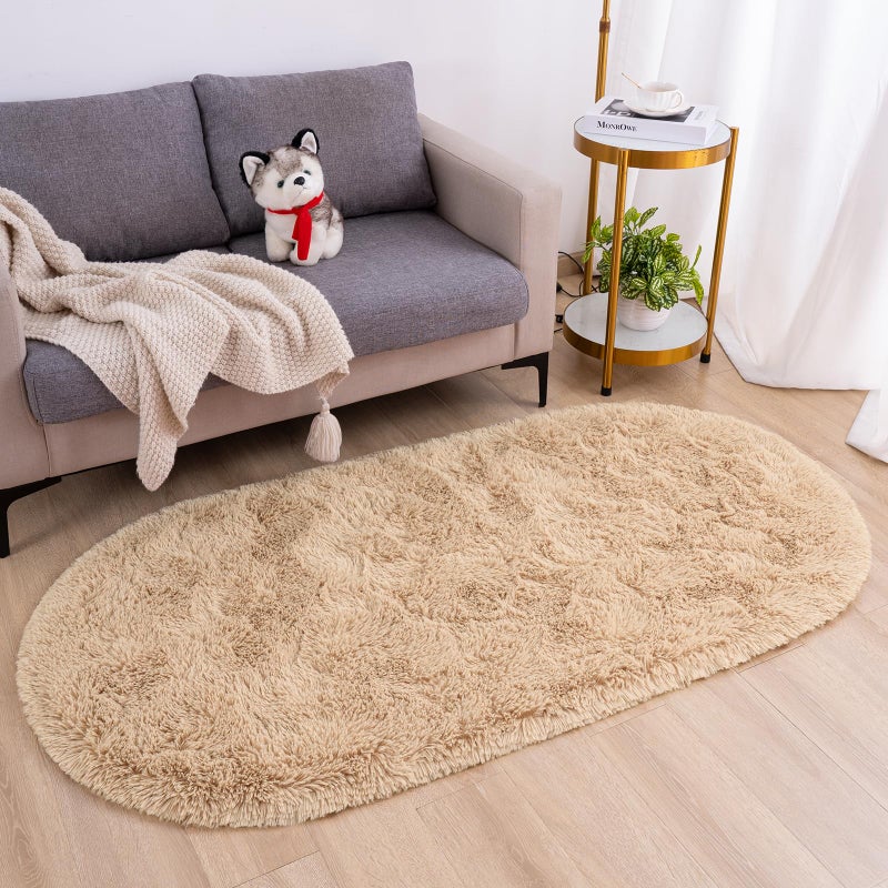 Goideal Fluffy Bedroom Rug  Beige Small Rug for Bedroom  Oval Shaggy Bedside Carpet 2.6 x 5.2 Feet Cute Rug for Dorm Kids Room Nursery Home Decor - Image 2