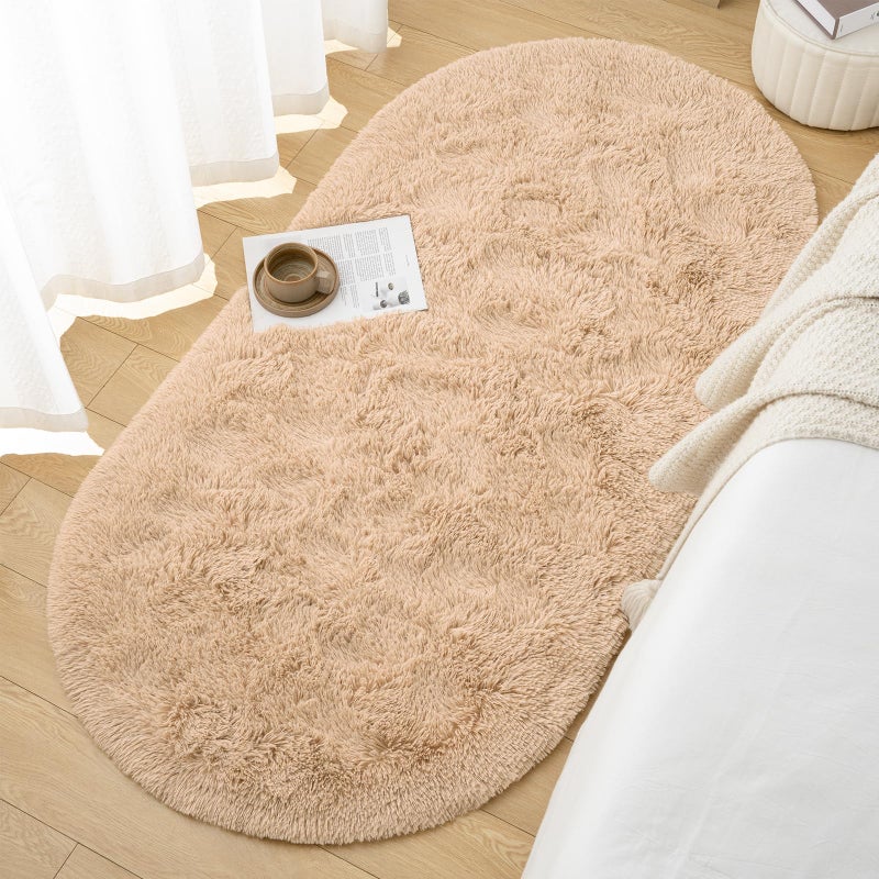Goideal Fluffy Bedroom Rug  Beige Small Rug for Bedroom  Oval Shaggy Bedside Carpet 2.6 x 5.2 Feet Cute Rug for Dorm Kids Room Nursery Home Decor - Image 4