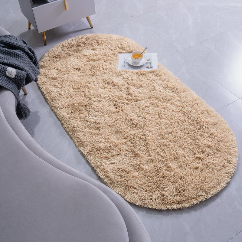 Goideal Fluffy Bedroom Rug  Beige Small Rug for Bedroom  Oval Shaggy Bedside Carpet 2.6 x 5.2 Feet Cute Rug for Dorm Kids Room Nursery Home Decor - Image 3