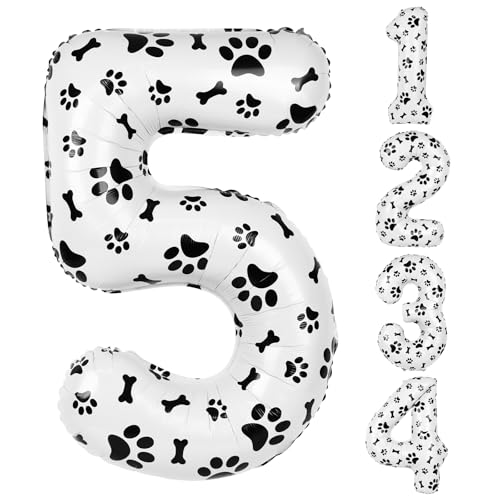 AXBMM 40 Inch Dog Foil Birthday BalloonsBlack White Dog Paw and Bone Print Number 5 Balloons for Girls Boys 5th Birthday Party DecorationsNumber 5 - Image 1