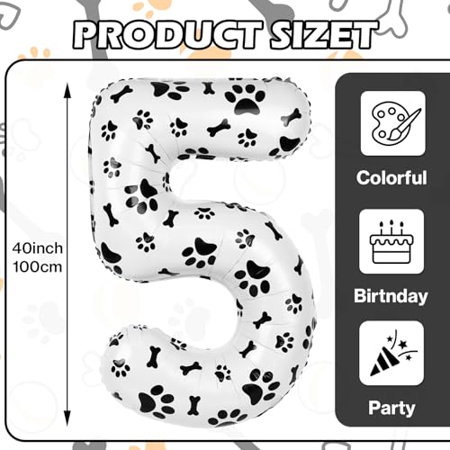 AXBMM 40 Inch Dog Foil Birthday BalloonsBlack White Dog Paw and Bone Print Number 5 Balloons for Girls Boys 5th Birthday Party DecorationsNumber 5 - Image 5