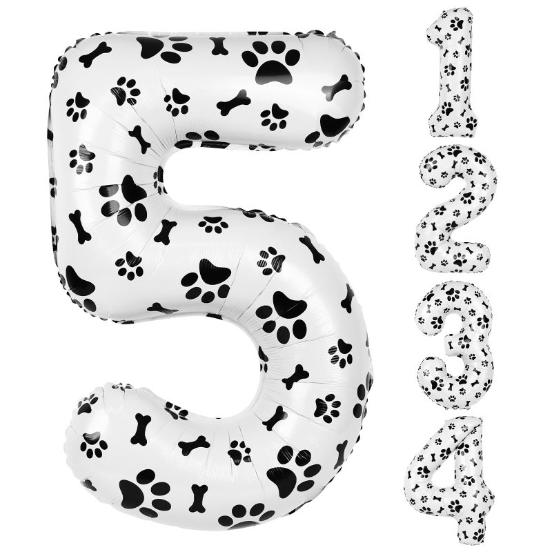 AXBMM 40 Inch Dog Foil Birthday BalloonsBlack White Dog Paw and Bone Print Number 5 Balloons for Girls Boys 5th Birthday Party DecorationsNumber 5 - Image 3