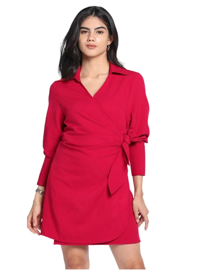 دينيس لينغو Red Regular Fit Wrap Dress for Women - Poly Heather Moss, Full Sleeves, Casual