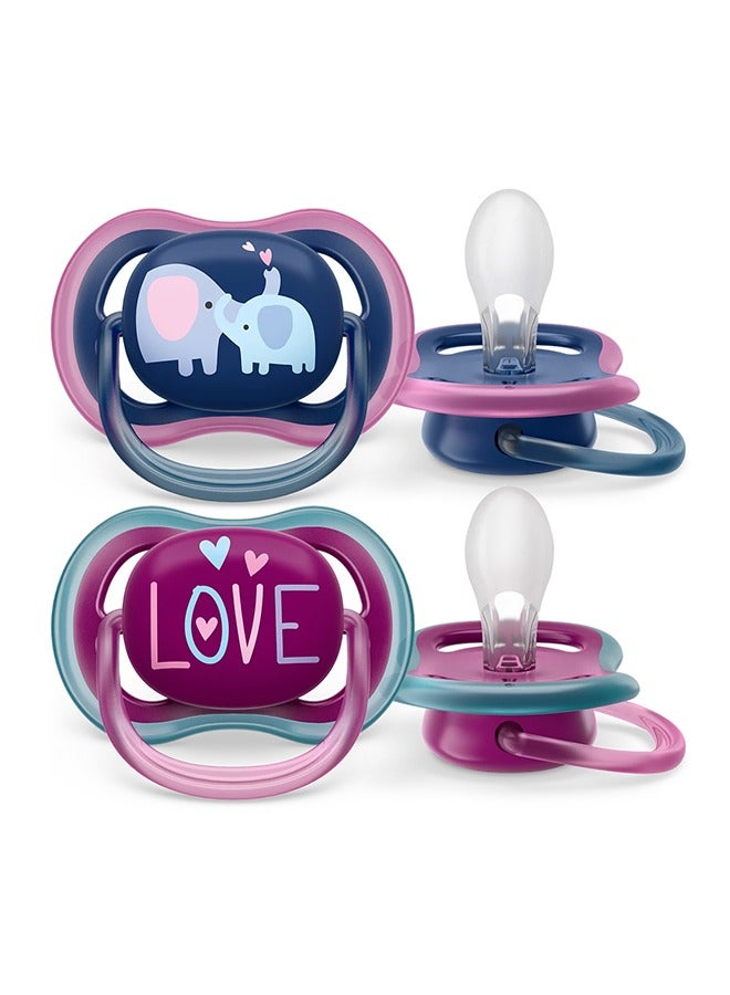 Soother Ultra AIR 18M+ For Girls, 2 Pieces | No.1 Brand Recommended by Moms Worldwide | Light, Breathable, BPA free, Orthodontic with Sterilization Case