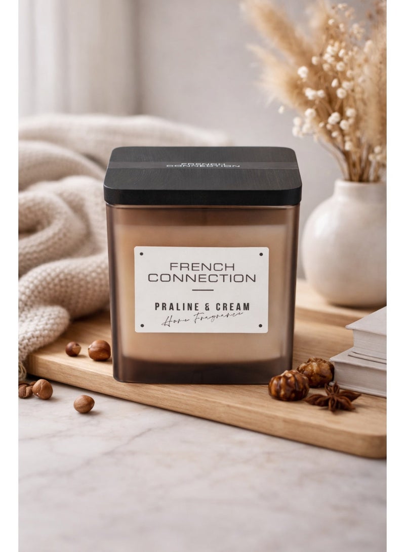 French Connection Jar Candle Scented Large, Praline Cream - 830G,Shea Butter wax , 3-wick with wooden lid | Burn Time - 64hrs | Square Collection| Perfect for Gifting, Home Décor, Parties & Room Perfuming | Ideal for Living room and Office Décor - Image 1