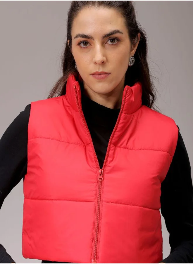 Freehand Women Regular Red Solid High Neck Sleeveless Outerwear