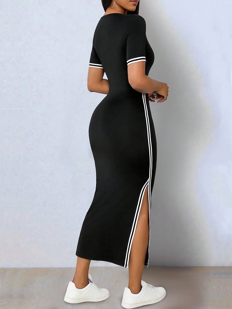 Elegant Color-blocked Stretch Bodycon Asymmetrical Hem Slit V-neck Short Sleeve Dress - Image 4