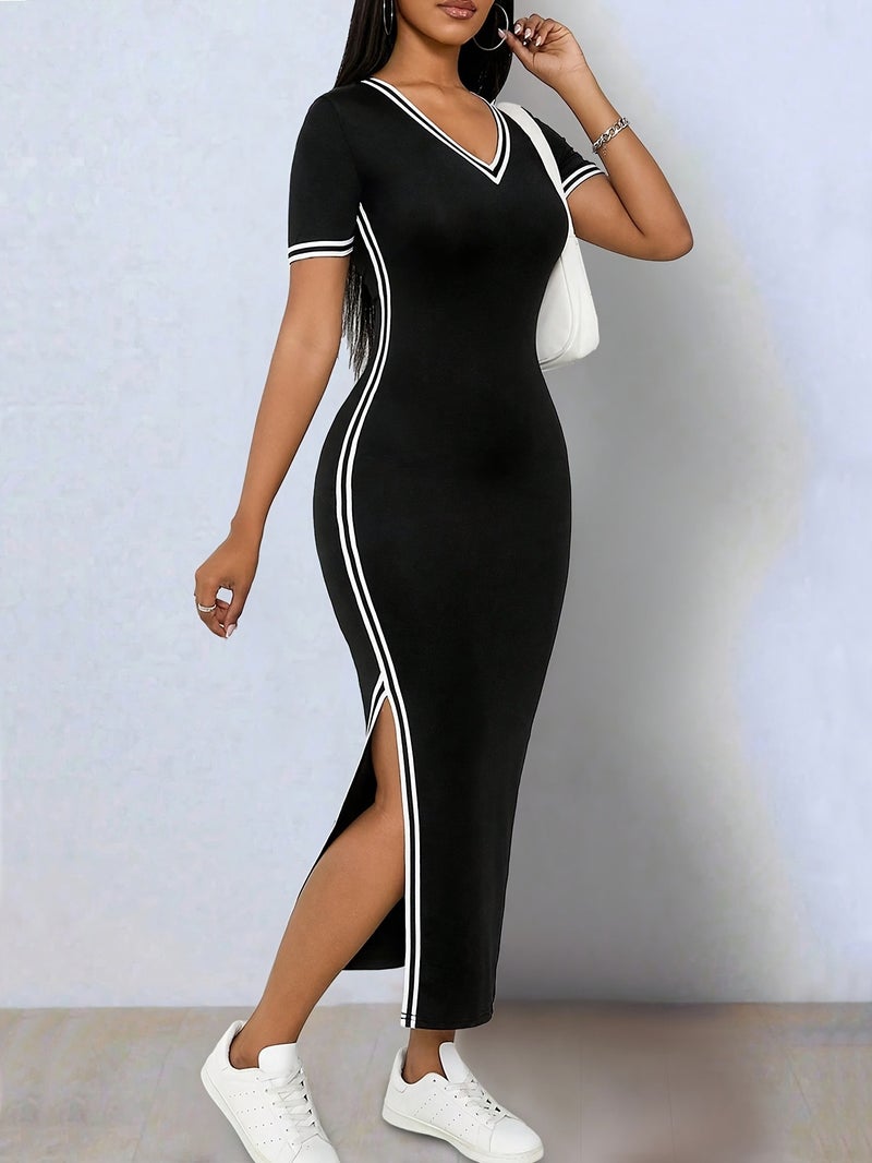 Elegant Color-blocked Stretch Bodycon Asymmetrical Hem Slit V-neck Short Sleeve Dress - Image 3