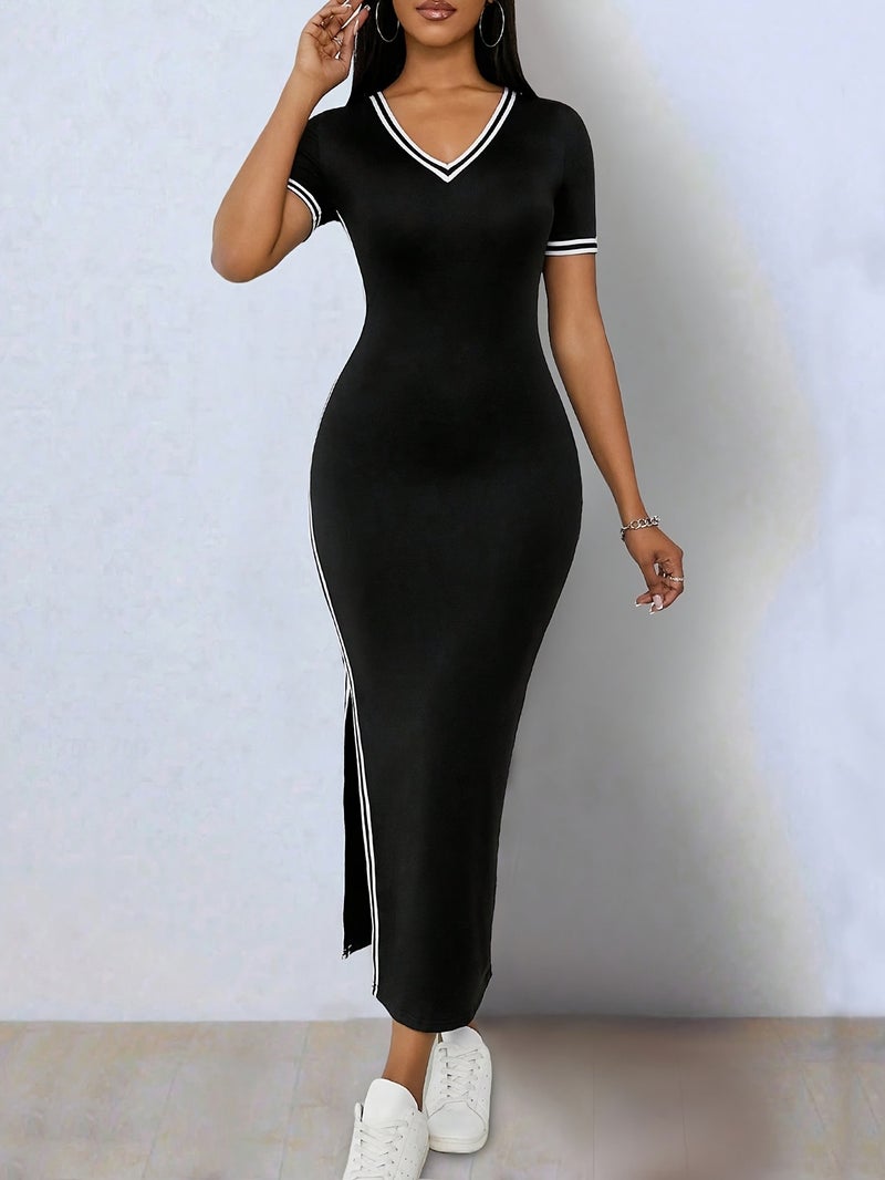 Elegant Color-blocked Stretch Bodycon Asymmetrical Hem Slit V-neck Short Sleeve Dress - Image 5