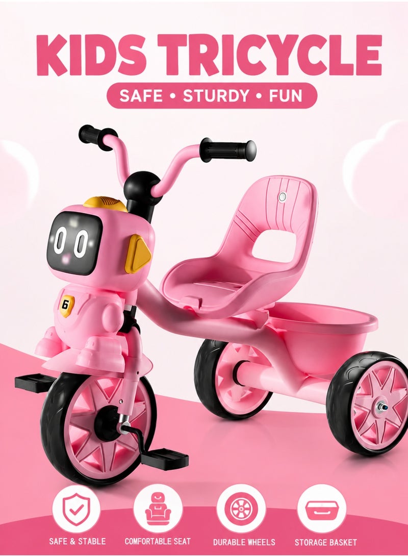 MarkedOne Toddler Toys Tricycle for Kids 3+ Years - Balance Bike with Light & Music, Strong Steel Frame, Kids Tricycle with 3 Wheels & Back Storage Basket - Perfect Ride-On Toy for Boys & Girls Rose Pink - Image 1