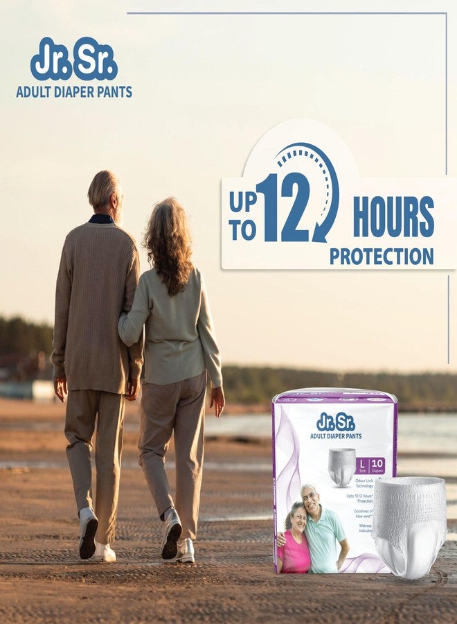 Jr. Sr. Adult Diaper Pants Style | Large (L) Size 10 Counts | Waist 30"-50" (76-127cm)| Upto 12 hr Absorption Protection | Unisex with Wetness Indicator | Odour Control & Goodness of Aloe Vera - Image 2