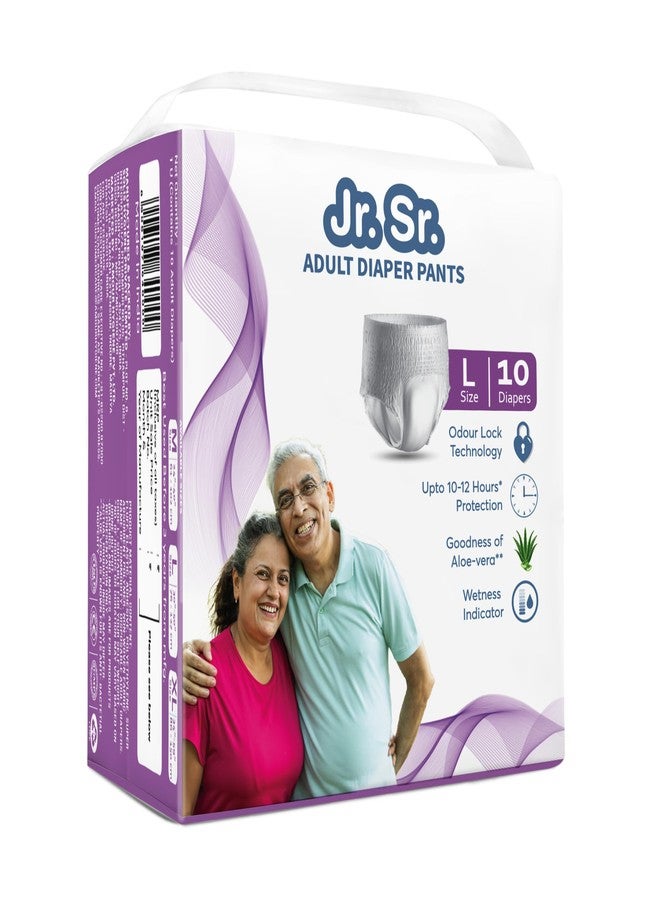 Jr. Sr. Adult Diaper Pants Style | Large (L) Size 10 Counts | Waist 30"-50" (76-127cm)| Upto 12 hr Absorption Protection | Unisex with Wetness Indicator | Odour Control & Goodness of Aloe Vera