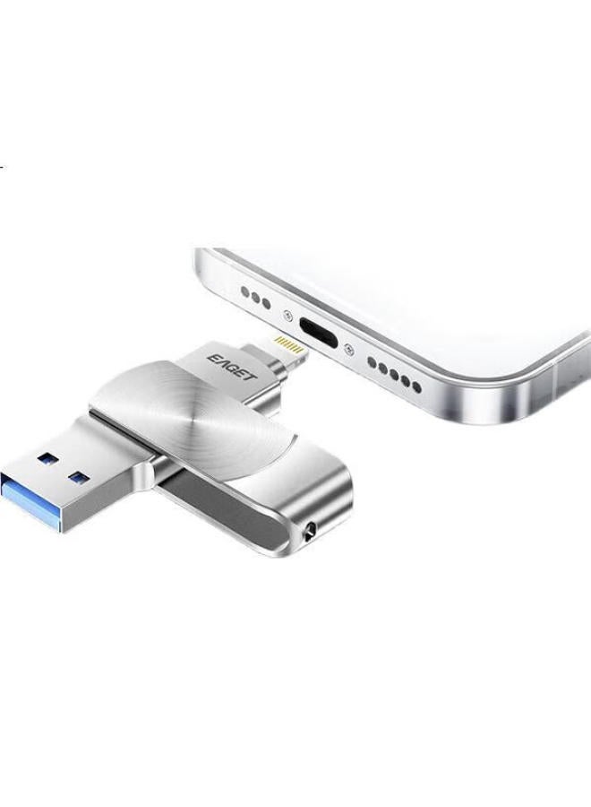 EAGET محرك فلاش أبل فون Eaget سعة 256 جيجابايت Lightning Usb3.0، I66 معتمد رسميًا من Mfi، نسخ احتياطي بنقرة واحدة، متوافق مع Iphone/Ipad والكمبيوتر، محرك Usb مزدوج الاستخدام، فضي - Image 1