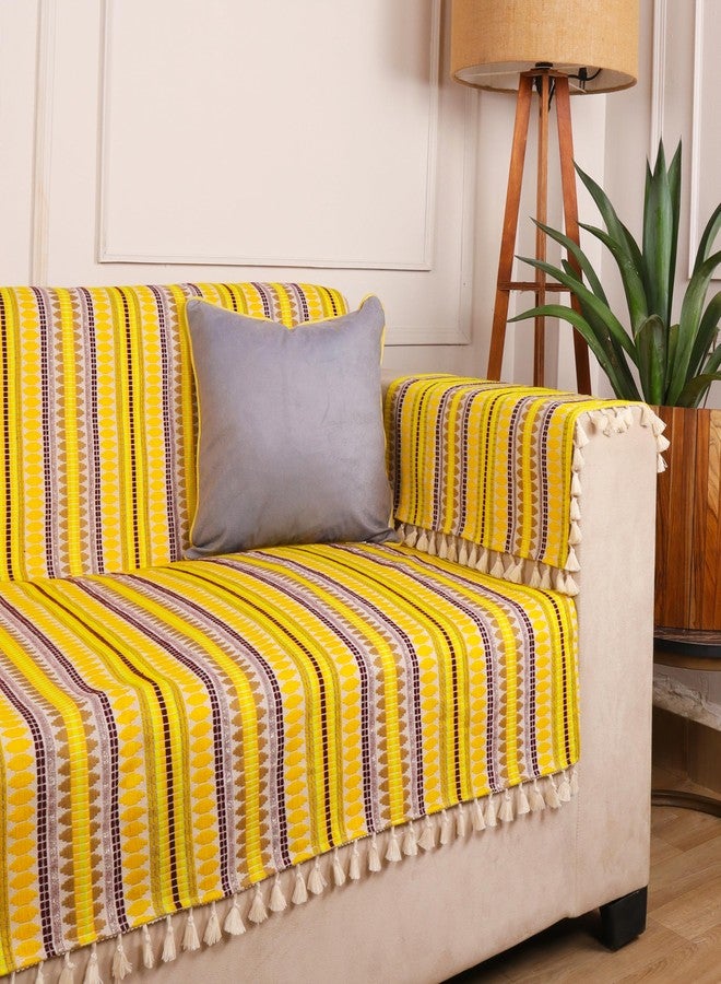 STITCHNEST غطاء أريكة منسوج من ستيتشنست، ثلاثي المقاعد، مع غطاءين لمساند اليد - تصميم مخطط باللونين الأصفر والأبيض - قماش قابل للغسل مع شرابات - غطاء أريكة أنيق لغرفة المعيشة العصرية وديكور الأثاث - Image 1