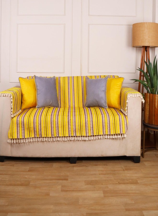 STITCHNEST غطاء أريكة منسوج من ستيتشنست، ثلاثي المقاعد، مع غطاءين لمساند اليد - تصميم مخطط باللونين الأصفر والأبيض - قماش قابل للغسل مع شرابات - غطاء أريكة أنيق لغرفة المعيشة العصرية وديكور الأثاث - Image 2