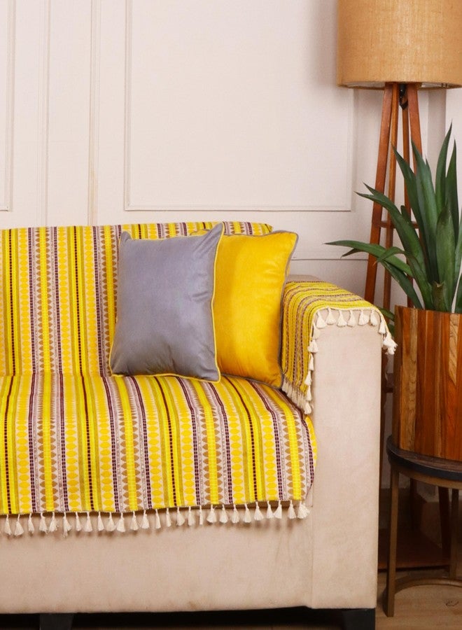 STITCHNEST غطاء أريكة منسوج من ستيتشنست، ثلاثي المقاعد، مع غطاءين لمساند اليد - تصميم مخطط باللونين الأصفر والأبيض - قماش قابل للغسل مع شرابات - غطاء أريكة أنيق لغرفة المعيشة العصرية وديكور الأثاث - Image 3