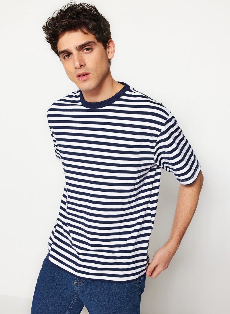 trendyol Navy Blue Wide CuT STriped T-Shirt - ShorT Sleeve TMNSS20TS0511 - Image 1
