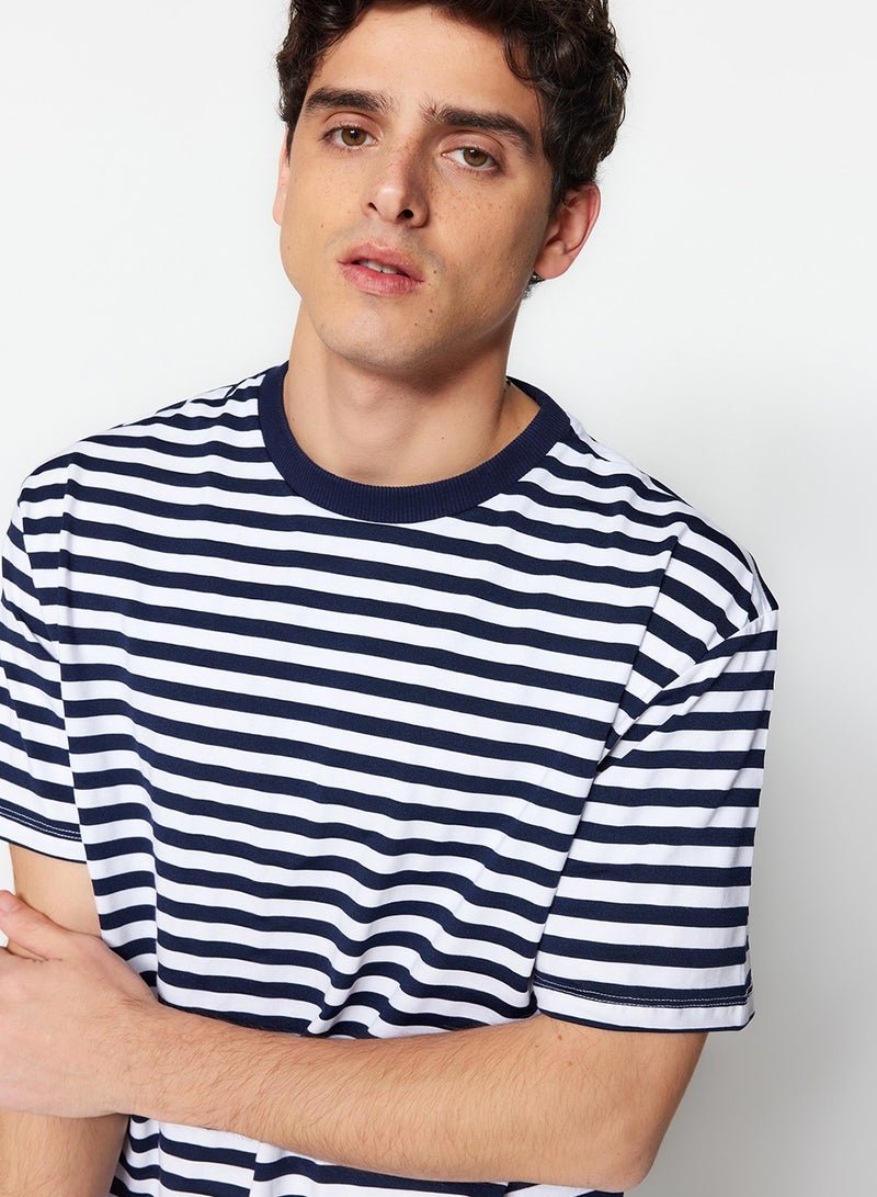 trendyol Navy Blue Wide CuT STriped T-Shirt - ShorT Sleeve TMNSS20TS0511 - Image 5