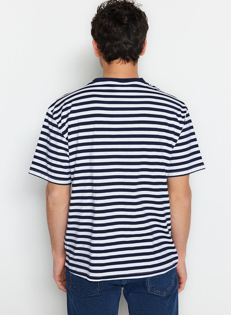trendyol Navy Blue Wide CuT STriped T-Shirt - ShorT Sleeve TMNSS20TS0511 - Image 3