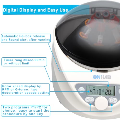 ONiLAB Lab PRP Benchtop Centrifuge 6x15mL/10mL/7mL/1.5-5ml, 300-5000rpm(Max. 2600xg RCF),LCD Digital Desktop Lab Centrifuge Timer 30sec-99min, Two Quick Start Programs - Image 2