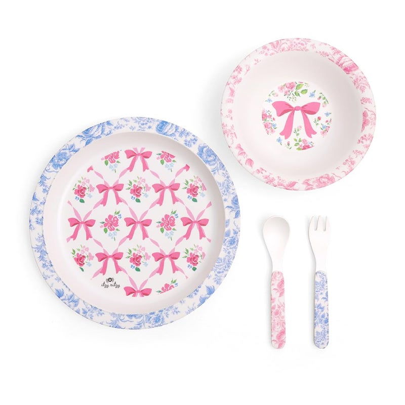 Itzy Ritzy Dining Set - Melamine Plate, Bowl, Fork & Spoon Set, Designed For Ages 6 Months and Up (Ribbons & Roses) - Image 1