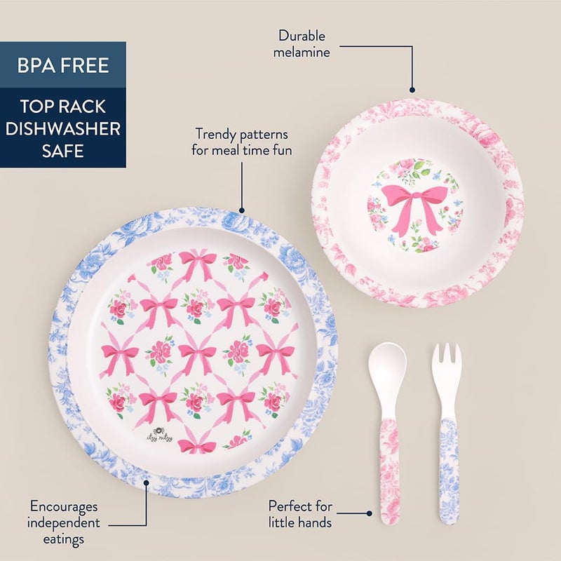 Itzy Ritzy Dining Set - Melamine Plate, Bowl, Fork & Spoon Set, Designed For Ages 6 Months and Up (Ribbons & Roses) - Image 4