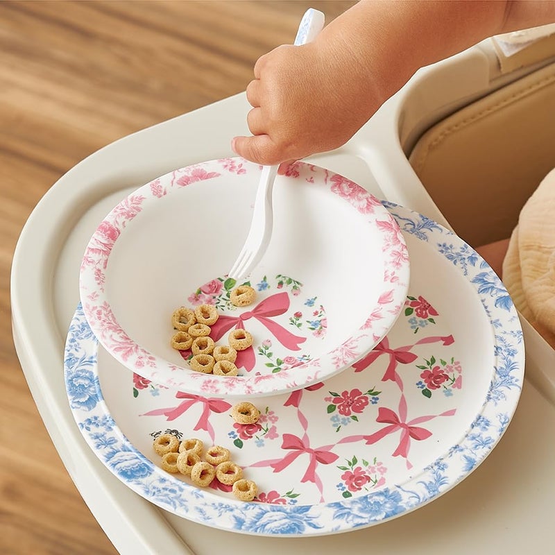 Itzy Ritzy Dining Set - Melamine Plate, Bowl, Fork & Spoon Set, Designed For Ages 6 Months and Up (Ribbons & Roses) - Image 2