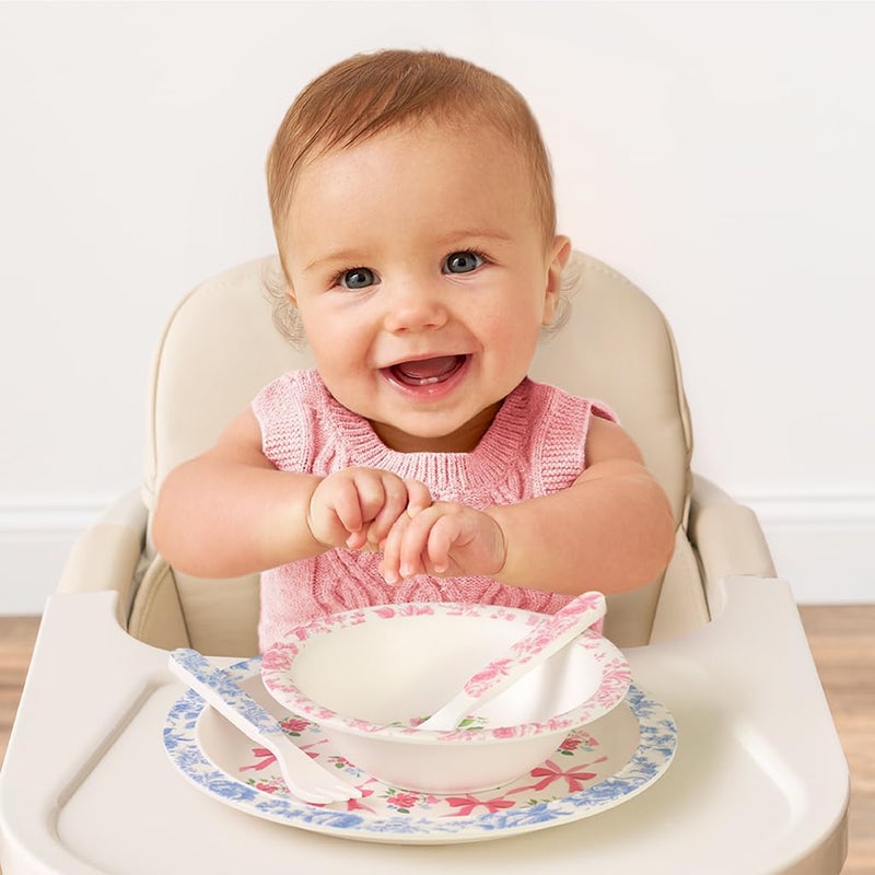 Itzy Ritzy Dining Set - Melamine Plate, Bowl, Fork & Spoon Set, Designed For Ages 6 Months and Up (Ribbons & Roses) - Image 3