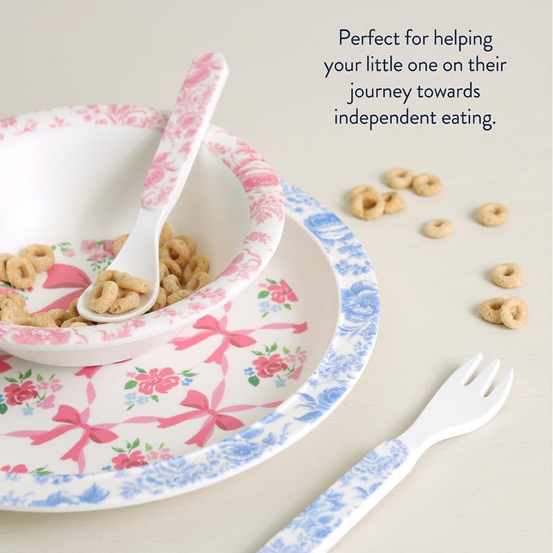 Itzy Ritzy Dining Set - Melamine Plate, Bowl, Fork & Spoon Set, Designed For Ages 6 Months and Up (Ribbons & Roses) - Image 5