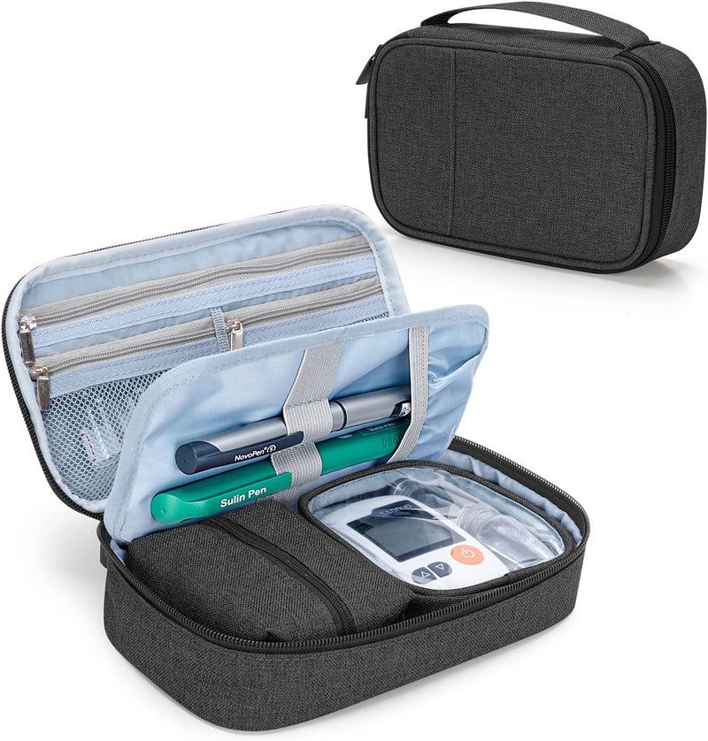 CURMIO Diabetic Supplies Bag for Glucose Meter, Medication and Other Diabetes Care Supplies, Diabetes Travel Organizer Case with Detachable Pouches, Black (Bag Only)