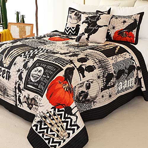Cmfshape Halloween Bedspread,Black Quilt Set King Size,Pumpkin Ghost Festival Themed Bedding Set,Decorative Quilted 4 Piece Coverlet Set with 3 Pillow Shams(Black,King104 x90) - Image 2