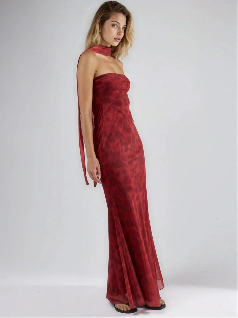 Hiccup Red Strapless Flowering Bodycon Maxi Dress for Women | Best Price UAE