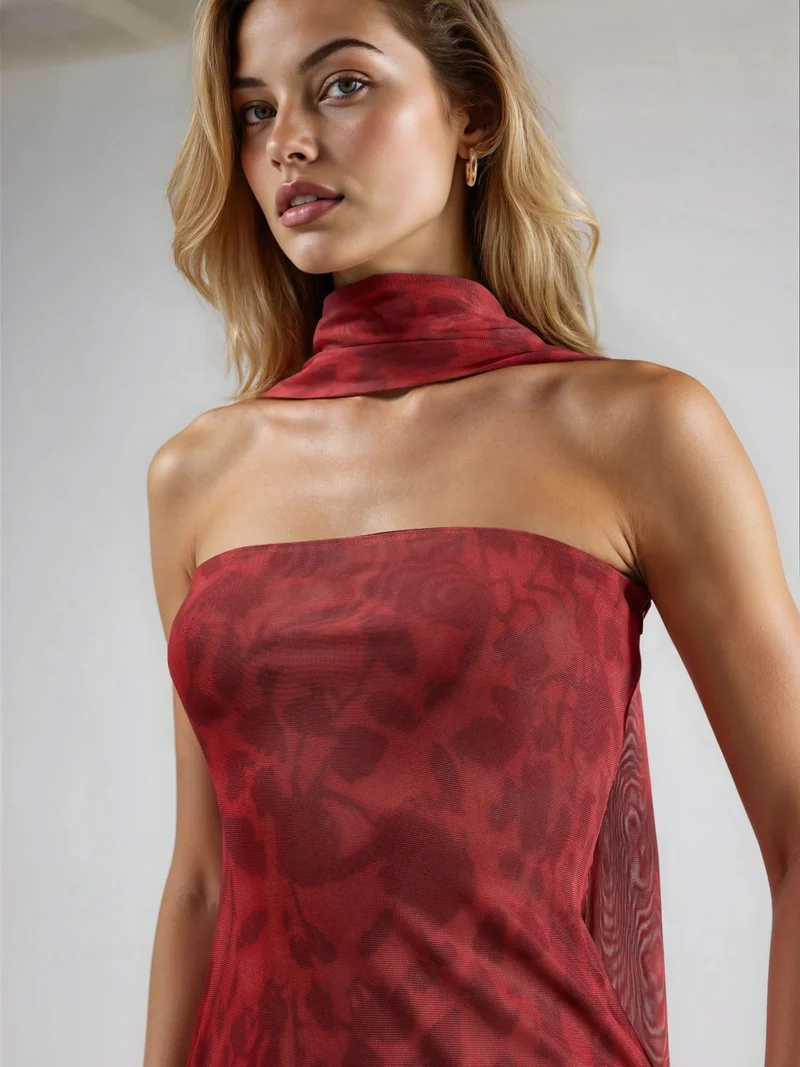 Hiccup Red Strapless Flowering Bodycon Maxi Dress for Women | Best Price UAE