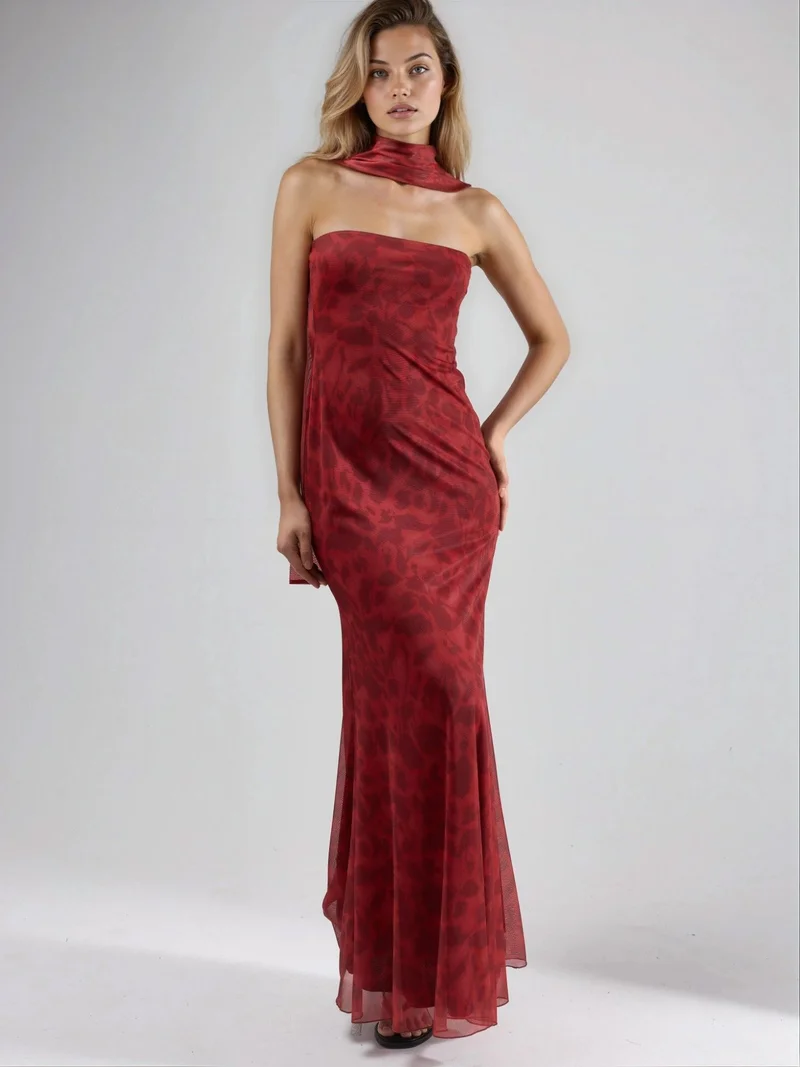 Hiccup Red Strapless Flowering Bodycon Maxi Dress for Women | Best Price UAE
