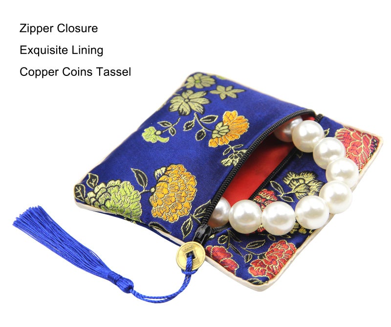 PINOWU 8pcs Silk Brocade Jewelry Bags with Zipper (11.5x11.5cm), Jewellery Silk Purse Pouch Gift Bags for Women Coins Traveling Jewelry Rolls Wedding Birthday Party Favors - Image 2