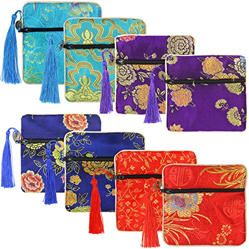 PINOWU 8pcs Silk Brocade Jewelry Bags with Zipper (11.5x11.5cm), Jewellery Silk Purse Pouch Gift Bags for Women Coins Traveling Jewelry Rolls Wedding Birthday Party Favors - Image 1