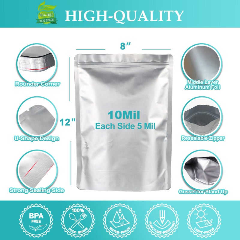 SHXWELL 50pcs 2 Quart Mylar Bags for Food Storage, 8"x12" 10 Mil Stand-Up Zipper Pouches Resealable and Heat Sealable for Long Term Food Storage(8"x12", Extra Thick) - Image 2