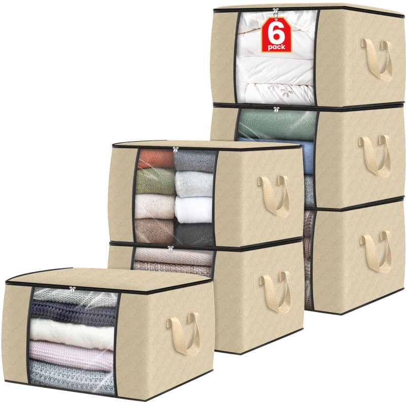 Fab totes 6 Pack Clothes Storage, Foldable Thick Fabric Blanket Storage Bags, Containers for Organizing Bedroom, Closet, Clothing, Comforter, Organization with Handle,Beige - Image 1