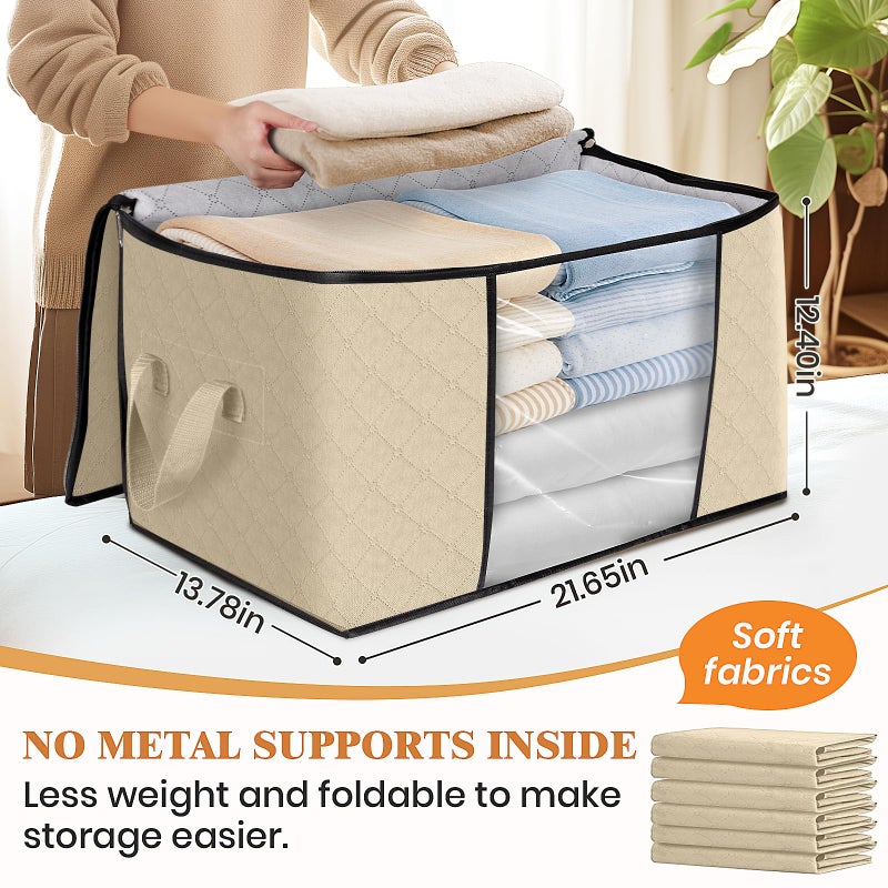 Fab totes 6 Pack Clothes Storage, Foldable Thick Fabric Blanket Storage Bags, Containers for Organizing Bedroom, Closet, Clothing, Comforter, Organization with Handle,Beige - Image 2