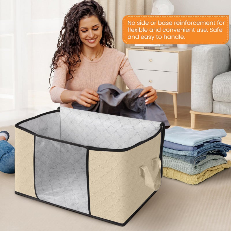 Fab totes 6 Pack Clothes Storage, Foldable Thick Fabric Blanket Storage Bags, Containers for Organizing Bedroom, Closet, Clothing, Comforter, Organization with Handle,Beige - Image 3