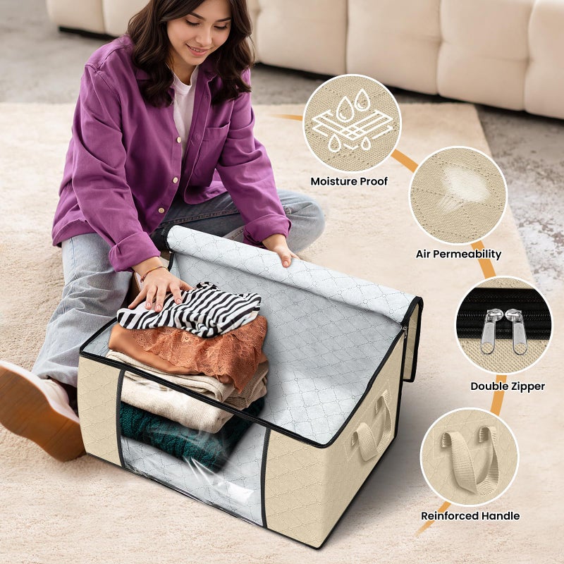 Fab totes 6 Pack Clothes Storage, Foldable Thick Fabric Blanket Storage Bags, Containers for Organizing Bedroom, Closet, Clothing, Comforter, Organization with Handle,Beige - Image 4