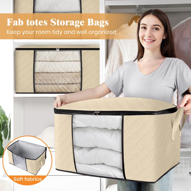 Fab totes 6 Pack Clothes Storage, Foldable Thick Fabric Blanket Storage Bags, Containers for Organizing Bedroom, Closet, Clothing, Comforter, Organization with Handle,Beige - Image 5
