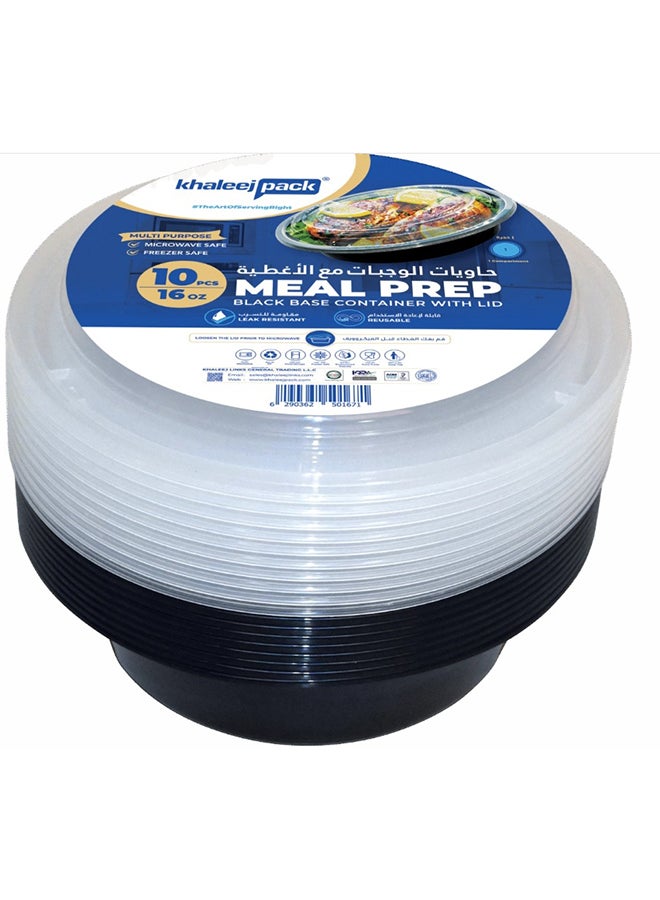 Khaleej Pack حاوية ميكروويف شفافة بسعة 16 أونصة - 10 قطع بقاعدة سوداء مع أغطية - دائرية حاوية تخزين طعام قابلة للتخلص منها مع أغطية - Image 1