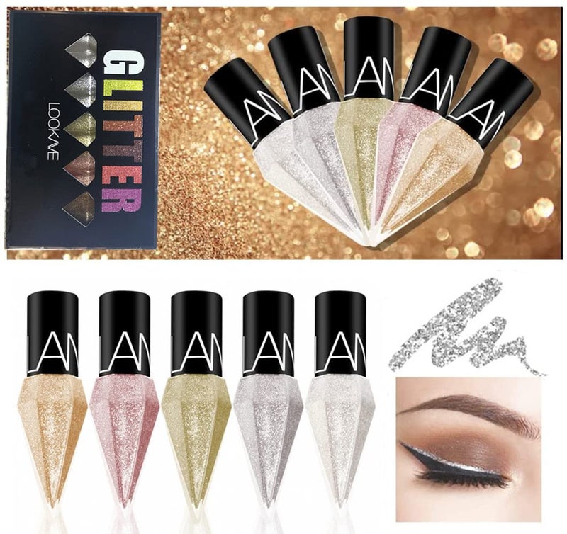 Go Ho Glitter Liquid Eyeliner Colorful Set5 Colors Metallic Shimmer White Silver Gold Diamond Eye LinerGlitter Eyeliner Eyeshadow ShineWaterproof Long Lasting Glow Sparkle Eye Makeup