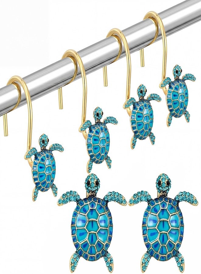 Novabright 12 Pcs Sea Turtles Shower Curtain Hooks Rings - Decorative Rhinestones Beach Shower Curtain Hooks Cute Sea Animal Decor Coastal Ocean Themed Turtle Bathroom Decor, Rustproof Blue & Gold - Image 1