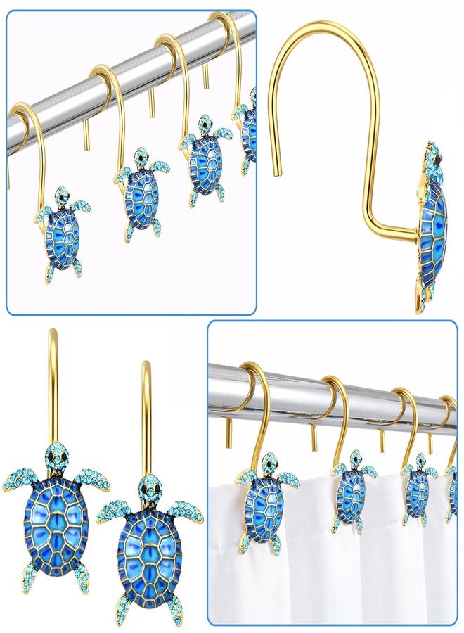 Novabright 12 Pcs Sea Turtles Shower Curtain Hooks Rings - Decorative Rhinestones Beach Shower Curtain Hooks Cute Sea Animal Decor Coastal Ocean Themed Turtle Bathroom Decor, Rustproof Blue & Gold - Image 2