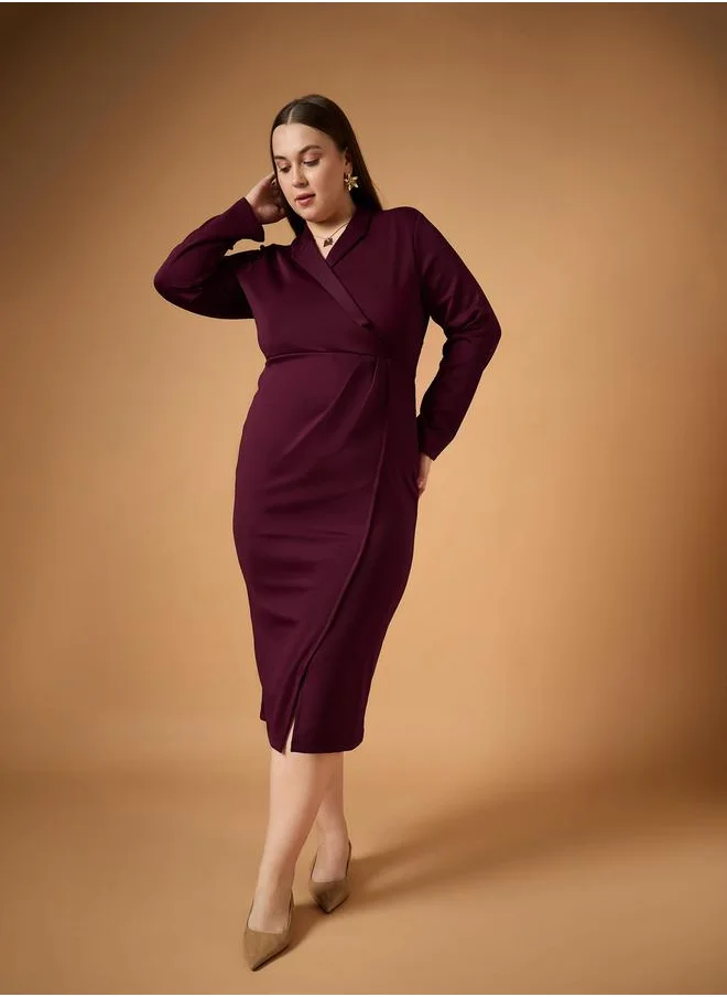 ساسافراس Plus Size Solid Wrap Look Sheath Midi Dress by Styli